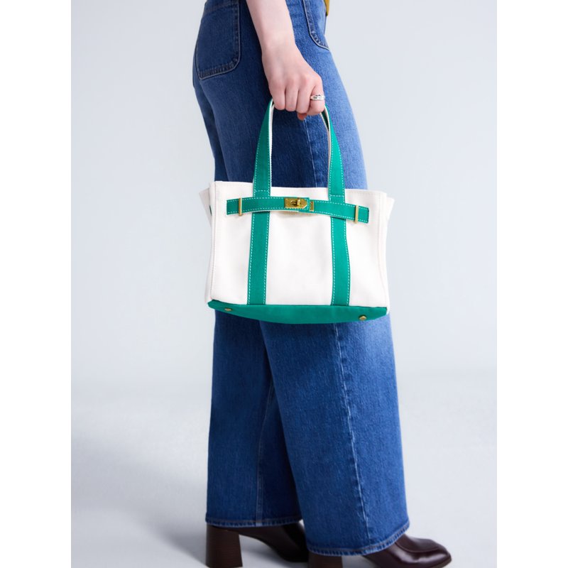 Women's Small Canvas Tote Handbag with Front Buckle - Natural & Green