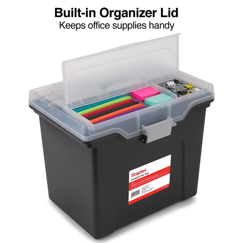 Staples Letter-Size Portable File Tote with Organizer Tray Black