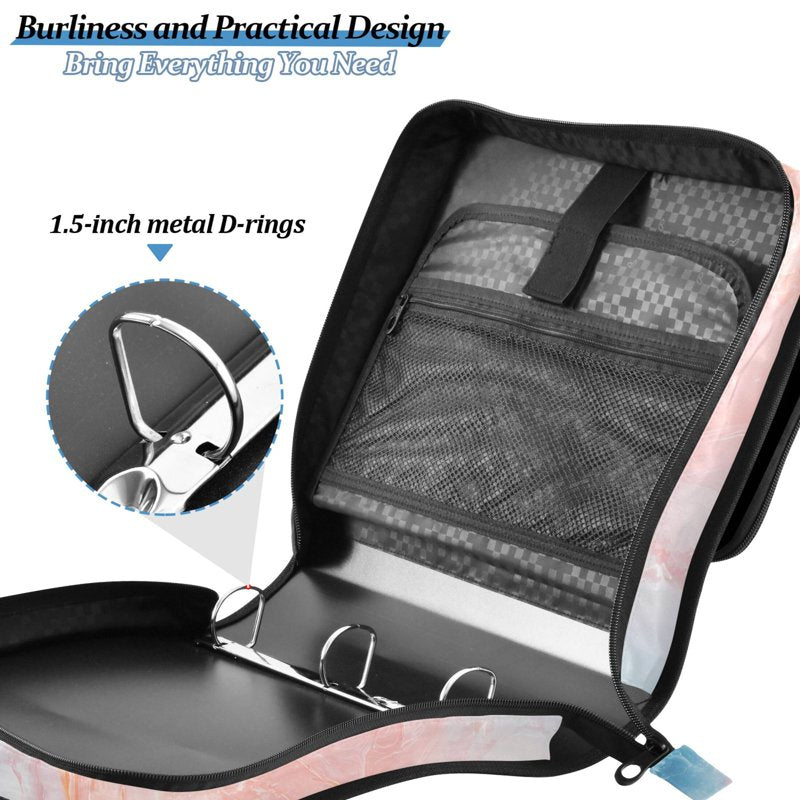 Waterproof 3-Ring Zipper Binder with Shoulder Strap for 500 Sheets - Soft Blue Pink Marble