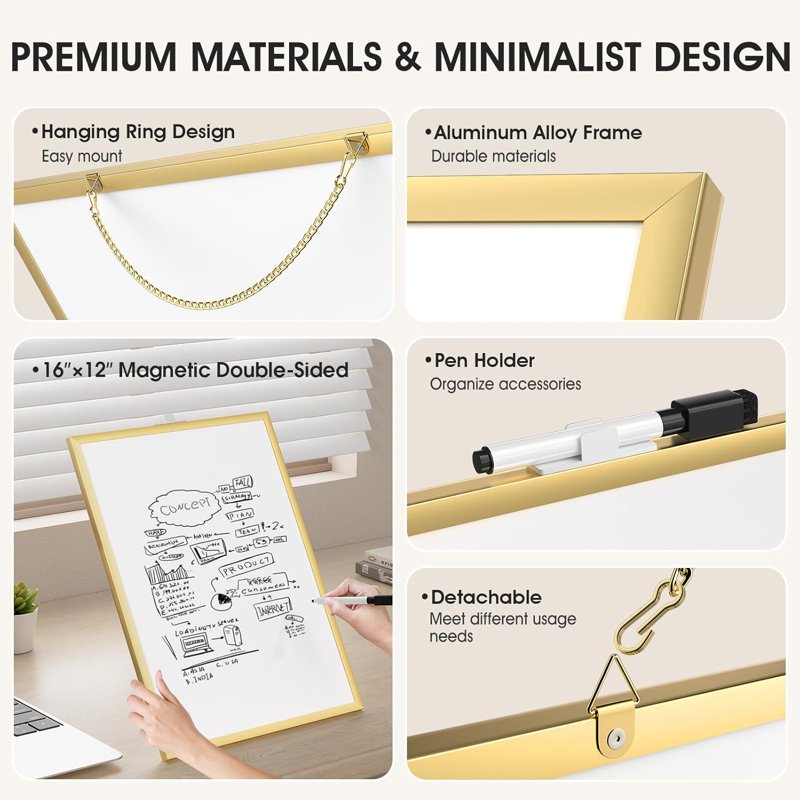 Small Double-Sided Dry Erase Board with Gold Frame, 16 x 12 Inches, Wall Mountable, Includes Marker