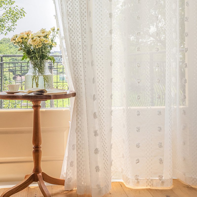 Semi Sheer Pom-Pom Curtain Set - Boho Farmhouse White 2 Panels