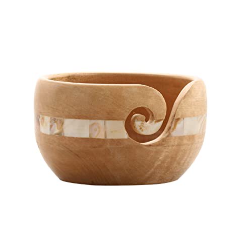 Wood Yarn Bowl with Mother of Pearl for Knitting Crochet & Weaving