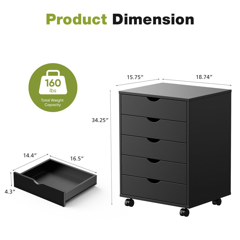 Portable 5-Drawer Storage Cabinet on Wheels for Office Bedroom Organization