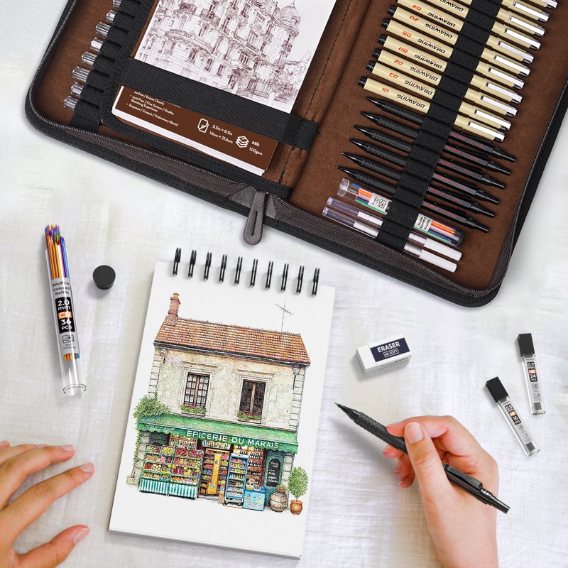 Art Drawing Supplies Kit with Leather Case - Mechanical Pencils, Micron Pens & Sketchbook