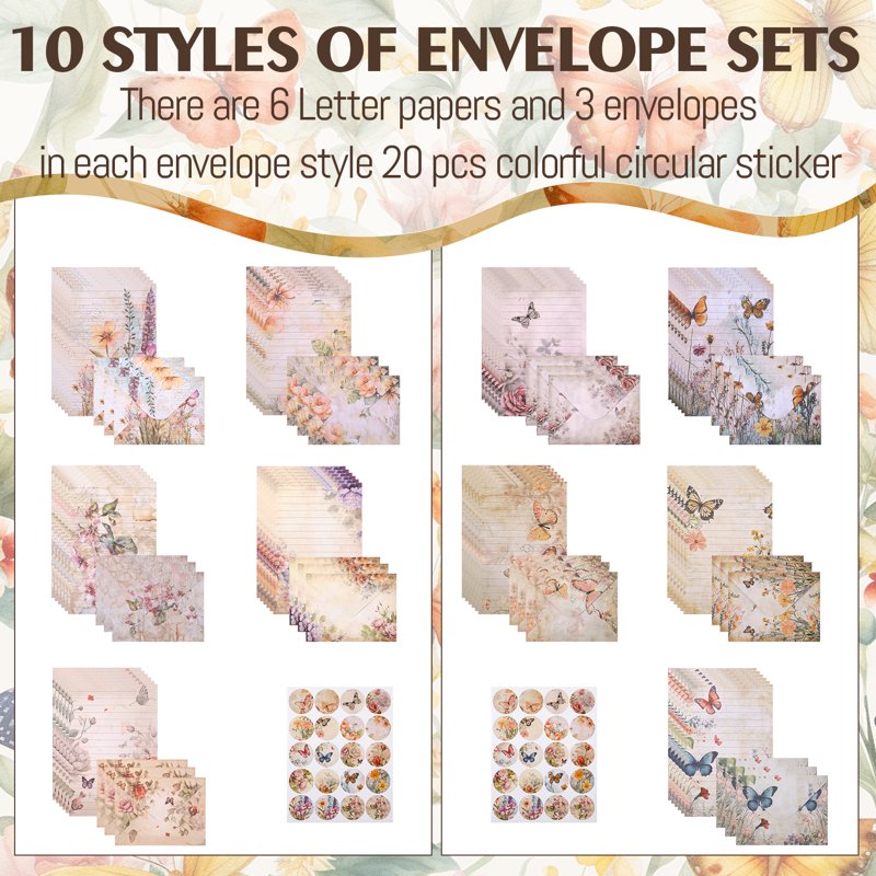 Watercolor Stationery Set with Envelopes and Seal - Floral & Butterfly Themes, 92 Pieces