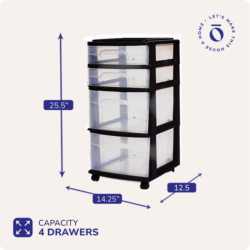 Black Plastic 4-Drawer Storage Container Organizer - Home & Closet Use