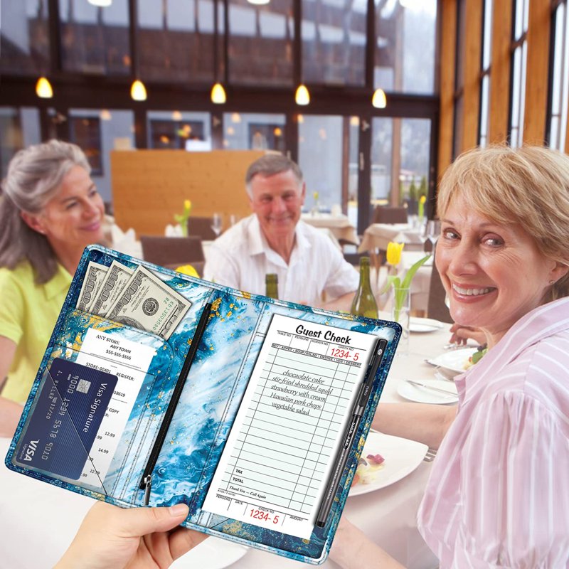 Server Book Organizer with Zipper Pocket and Pen Holder - PU Leather Restaurant Check Presenter for Waitstaff