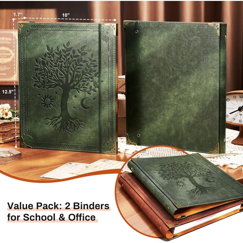 2 Pack Leather 3 Ring Binders for 8.5x11 Paper - 1 Inch Capacity, Green & Brown
