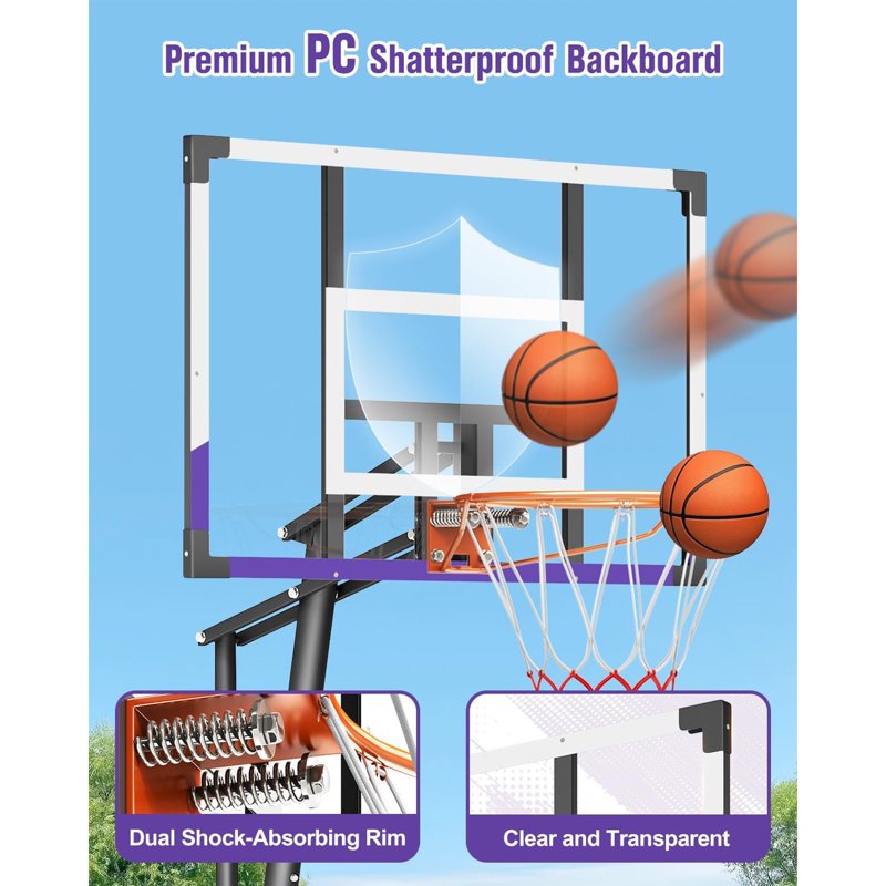 Portable Adjustable Basketball Hoop System - 44 Inch Shatterproof Backboard, 5.25-10FT Height for Kids & Adults