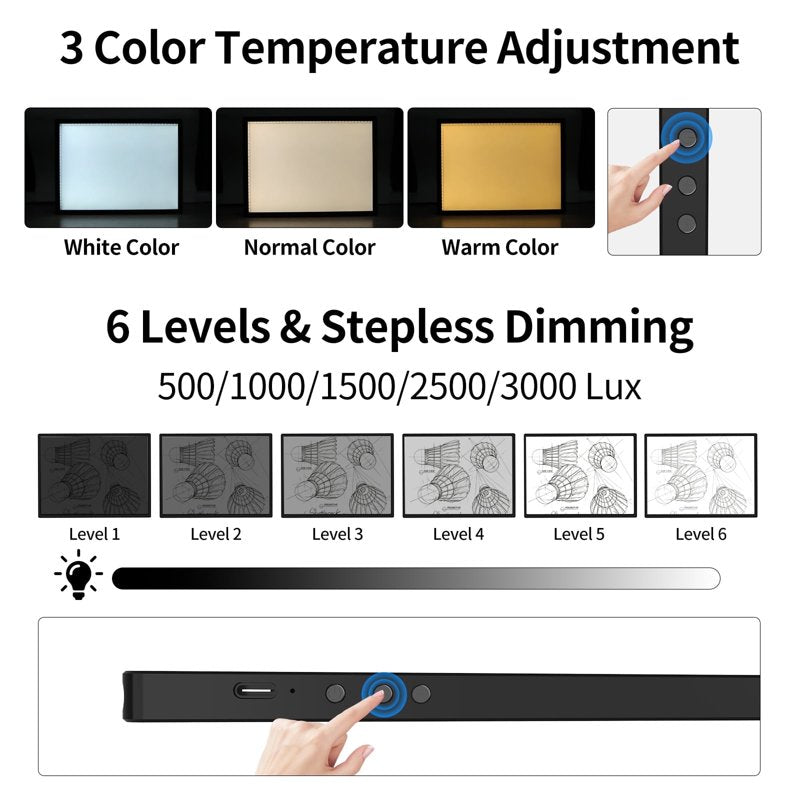 A3 Light Box for Tracing & Diamond Painting with Rechargeable Battery, 3 Colors, 6-Level & Stepless Dimming, Built-in Stand