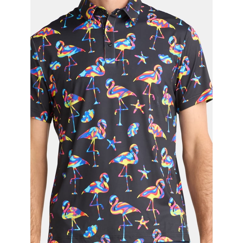 Birdie Bound Men’s and Big Men's Novelty Print Golf Polo Shirt – Black Flamingo, XL (S-5XL)