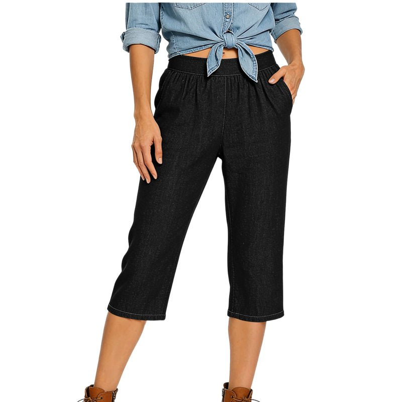 Women's High Waisted Elastic Cargo Capris with Pockets - Casual Athletic Pants