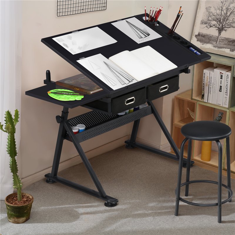 Adjustable Height Drafting Table and Stool Set with Storage - Black