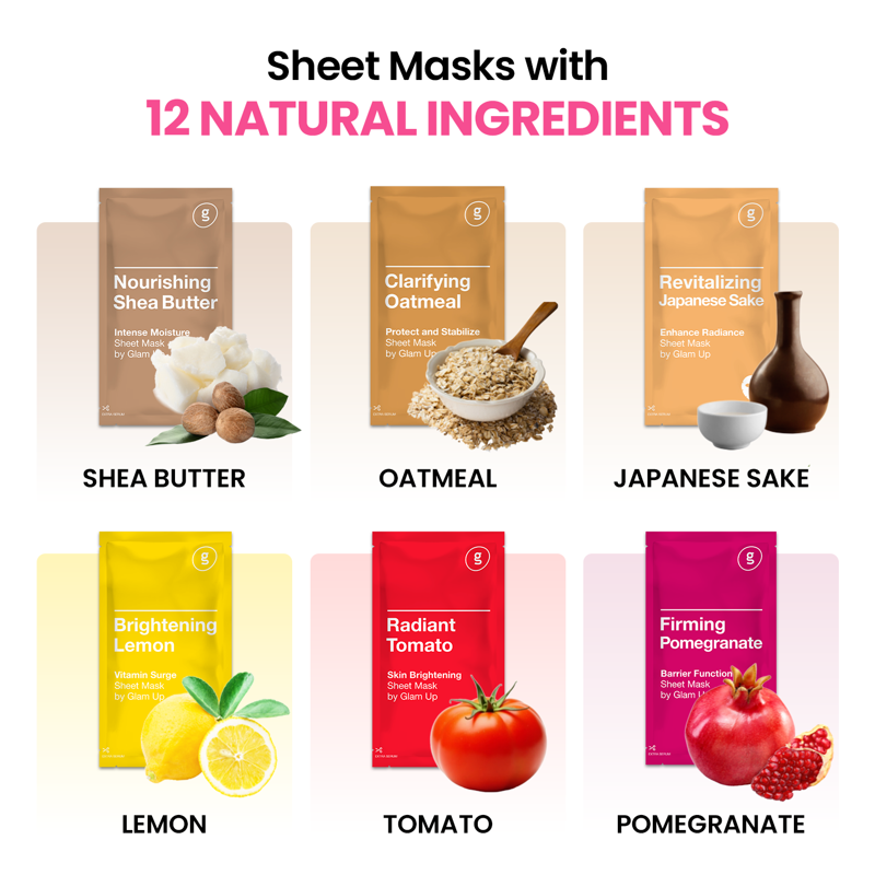 Premium Facial Sheet Mask Set - 12 Varieties for Hydrating Brightening & Pore Care