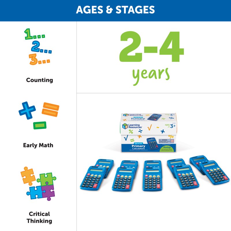 Primary Solar & Battery Powered Calculator Set for Early Math Skills - 10 Pack