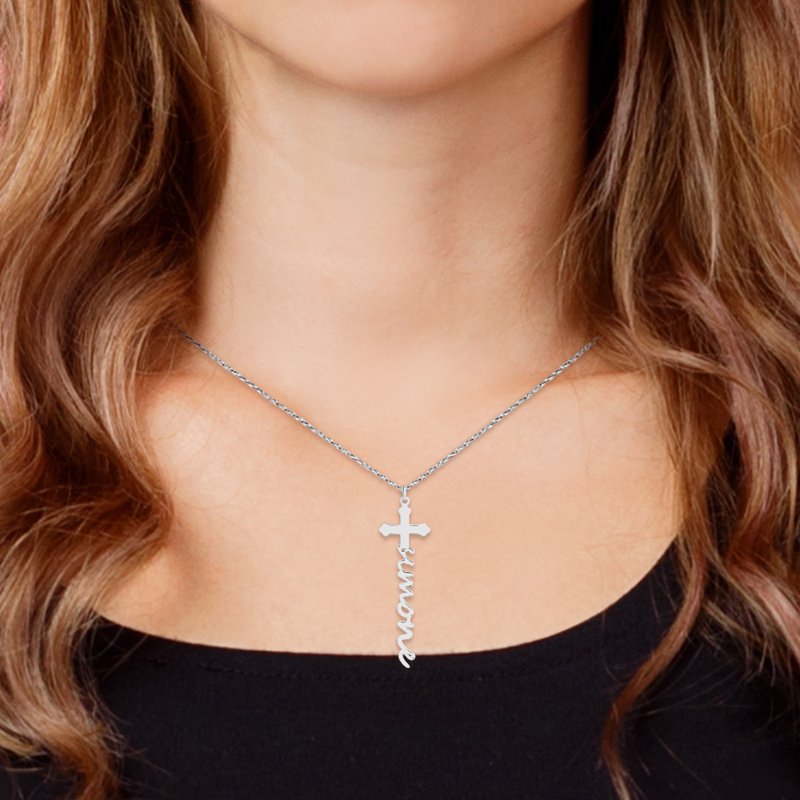 Personalized Script Name Cross Necklace - Sterling Silver, Gold, Rose Gold