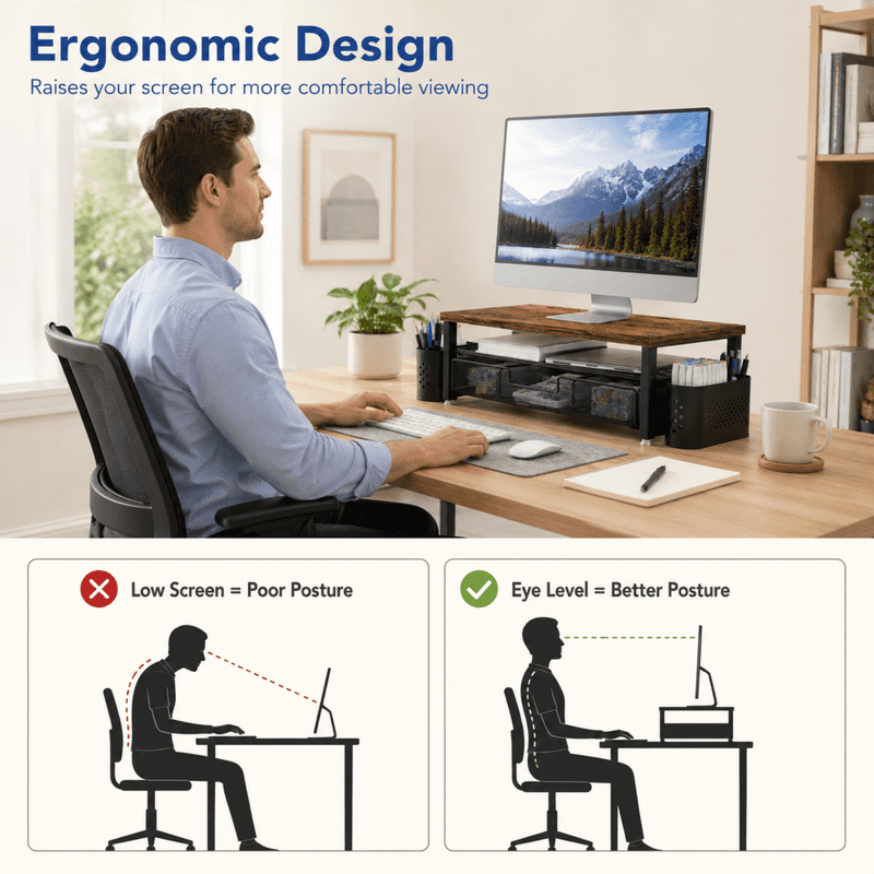 Mehoom 3-Tier Monitor Stand Riser with Drawer, Brown, Desk Organizer for Office & Dorm