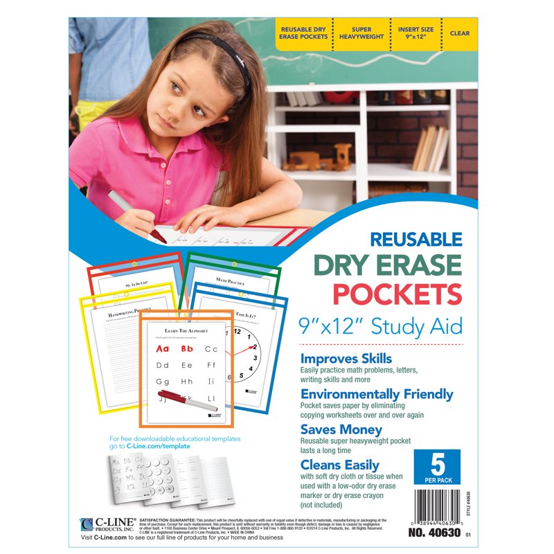 Reusable Dry Erase Pockets Set of 5 - Primary Colors, 9x12 Inches, Eco-Friendly Practice Sheets