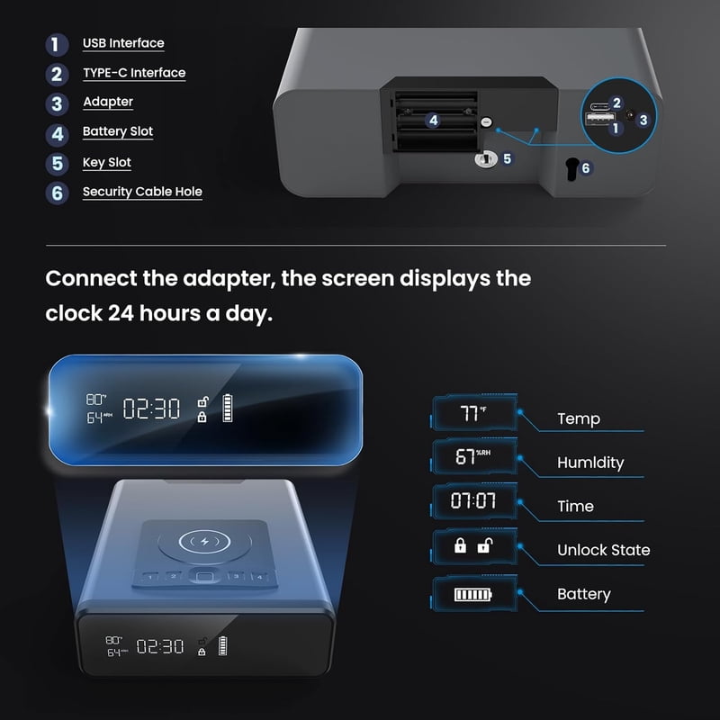 Biometric Security Safe with LED Display and Wireless Charging Station