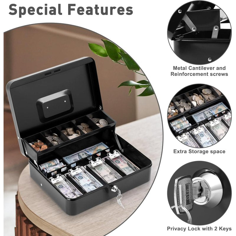Metal Cash Box with Coin Trays and Lock for Secure Money Storage