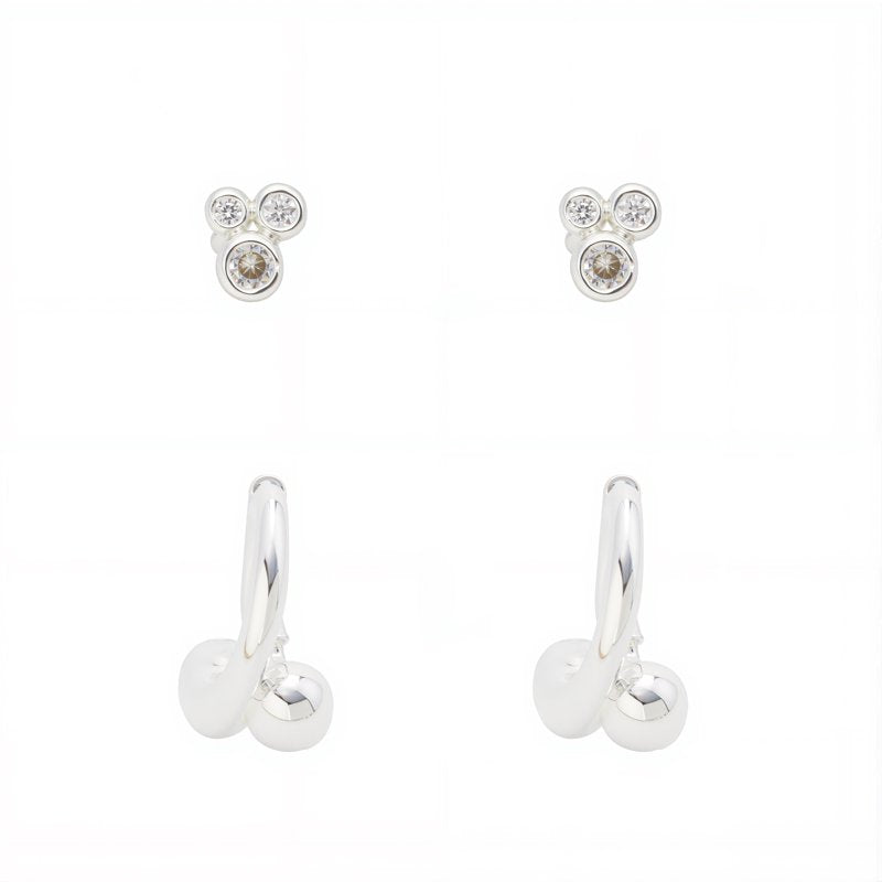 Women's Silver Plated Cubic Zirconia Hoop & Stud Earring Set - 2 Pairs