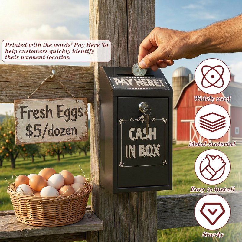 Metal Cash Drop Box with Lock and Slot for Farm Stand Porch Pickup - All Colors