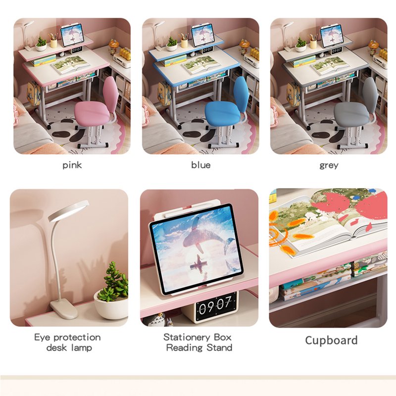 Kids Study Desk and Chair Set with LED Lamp, Book Stand & Storage Drawer