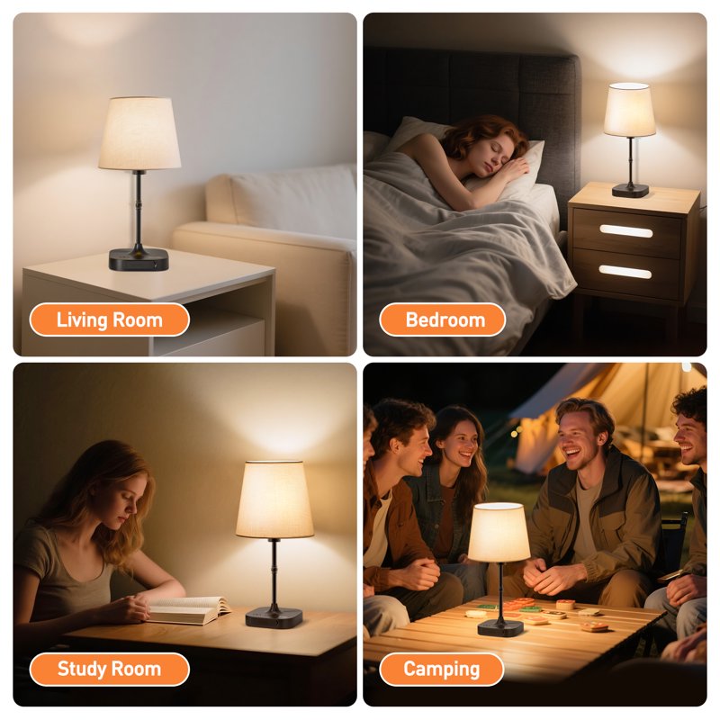 Cordless Dimmable Bedside Table Lamp with USB Port & Fabric Shade