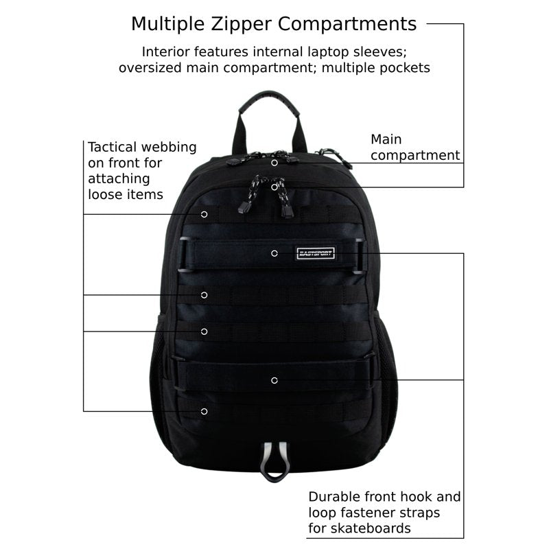 Skater Backpack with Skateboard Straps and Multiple Compartments - Durable & Rugged Design