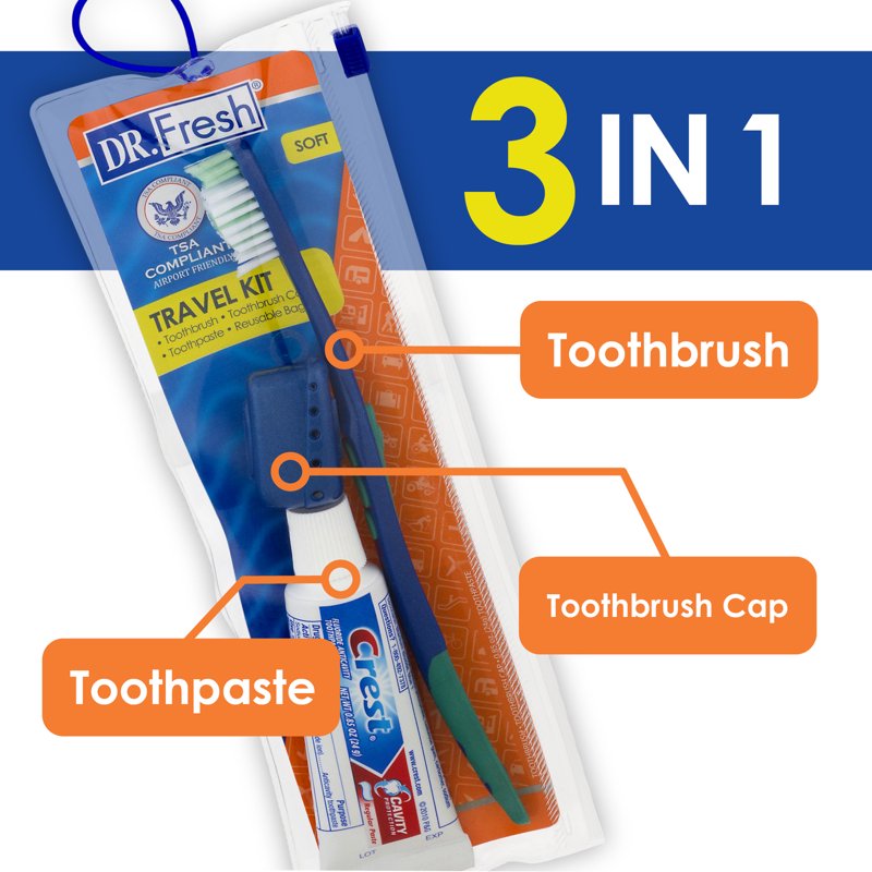 Travel Toothbrush Kit with Soft Bristle Toothbrush, Toothpaste & Cap - TSA Compliant
