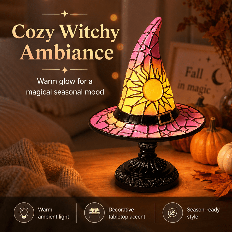 Halloween Stained Glass Witch Hat Lamp Gothic Night Light for Bedroom Decor