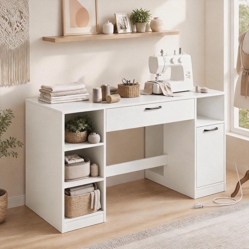 53-Inch Sewing Table with Power Outlets, Storage Drawers & Removable Shelves - White