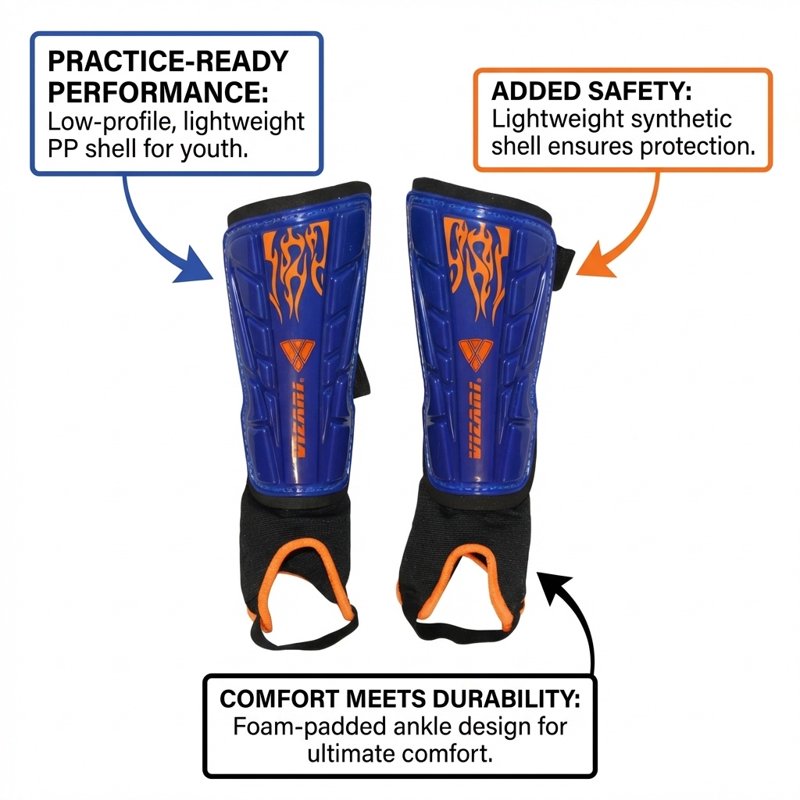 Vizari Blaze L Blue/Orange Soccer Shin Guards with Ankle Protection - Youth