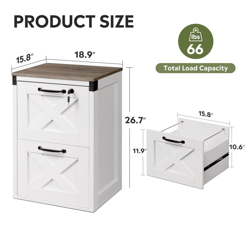 2-Drawer File Cabinet with Lock and Key, Farmhouse Style, White