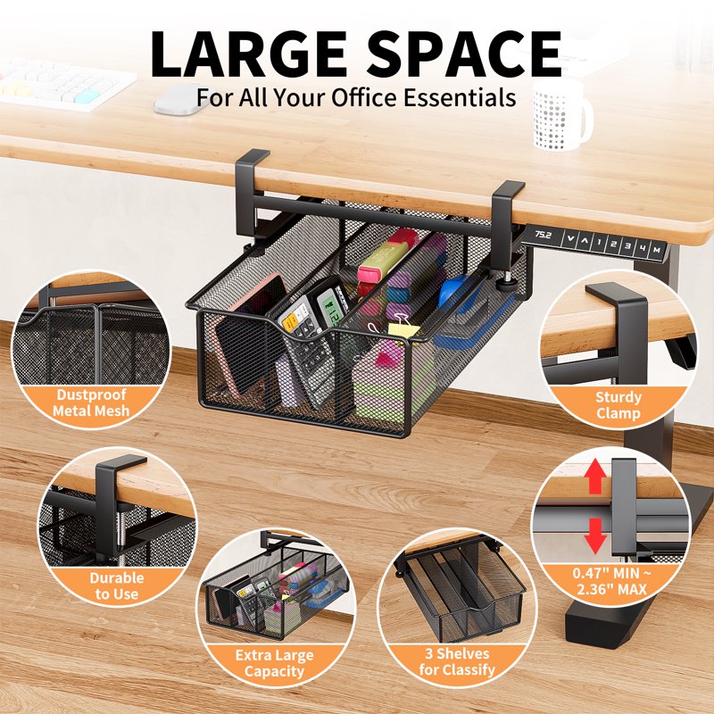 Under Desk Drawer Organizer Clamp-On Mesh Metal Storage Caddy Black