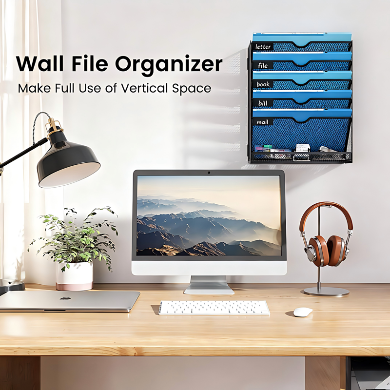 6-Tier Wall File Organizer with Hooks - Metal Hanging Magazine Holder for Office & Home