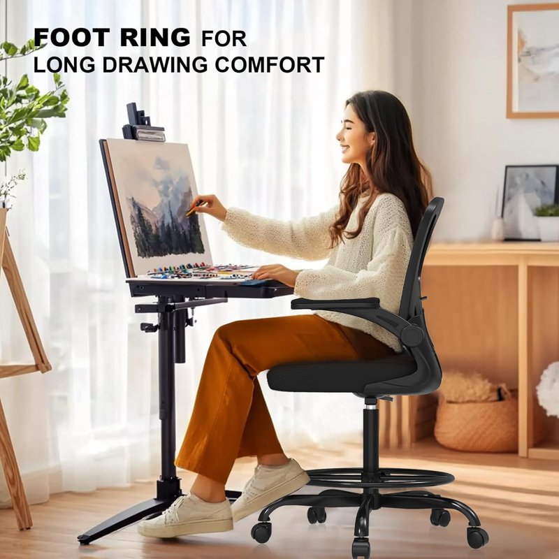 Ergonomic Tall Office Drafting Chair with Flip-Up Armrests & Lumbar Support