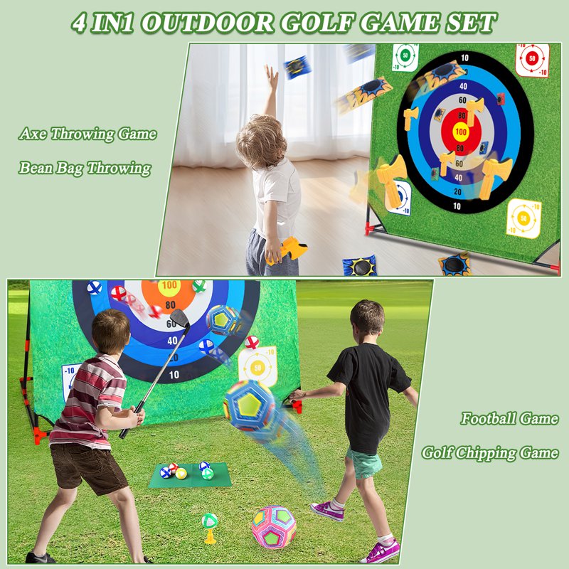Golf Chipping Game Set with Mat, 12 Sticky Balls, 6 Axes, 2 Soccer Balls & 8 Bean Bags – Indoor/Outdoor Practice