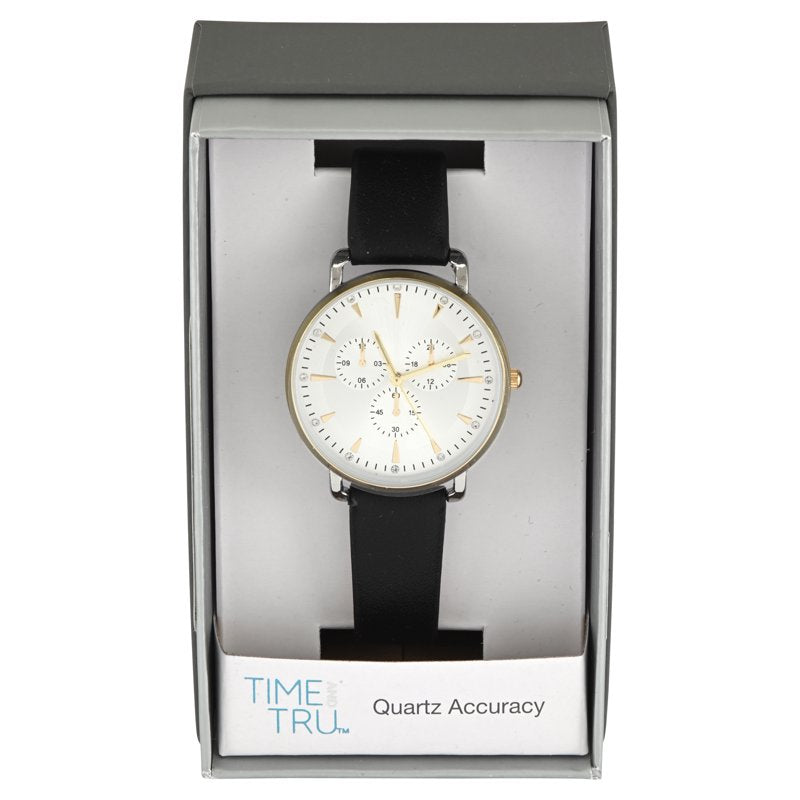 Ladies Two-Tone Round Case Watch with Faux Eye Dial and Black PU Strap