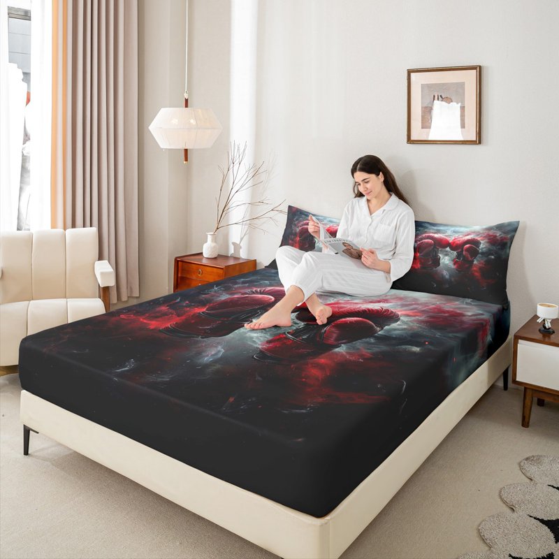 Queen Fitted Sheet Set - Ultra-Soft 4-Piece Bedding, Red Gray Black 427