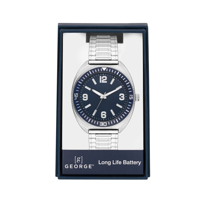 Men's Silver-Tone Expansion Strap Wristwatch with Blue Dial