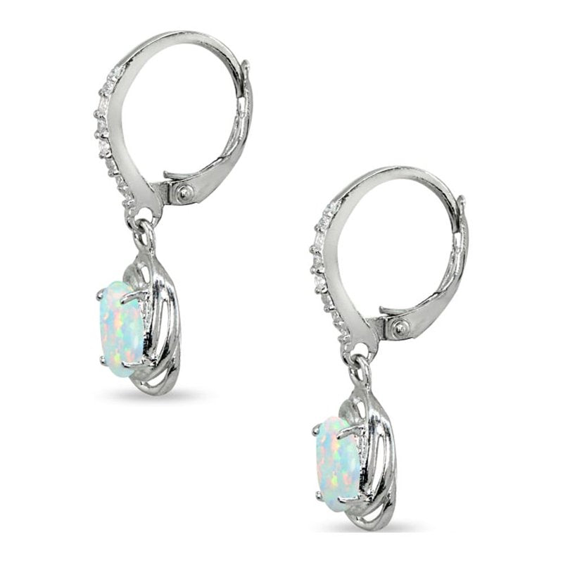 Sterling Silver Dangle Earrings with Oval Simulated Opal & CZ - Love Knot Design