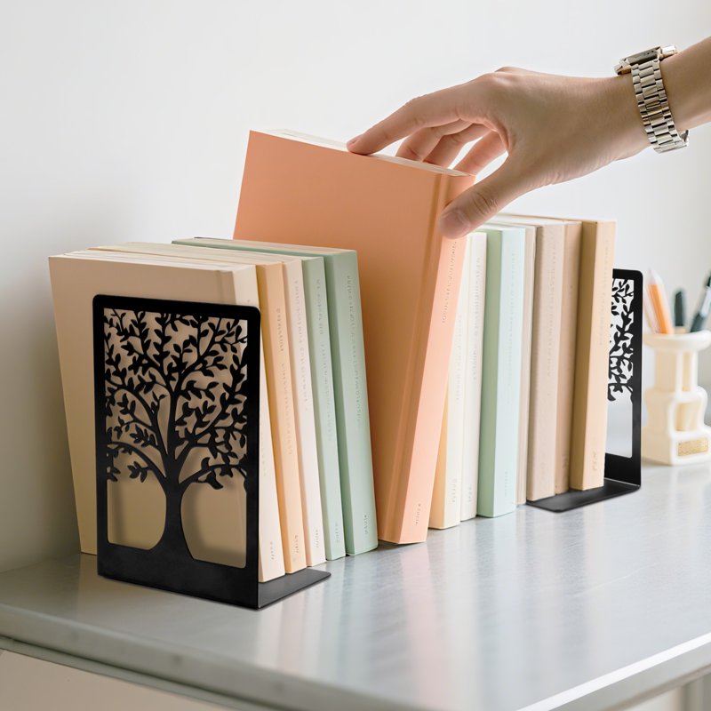 Modern Metal Bookends for Shelves - Tree & Bird Design, Heavy-Duty & Decorative