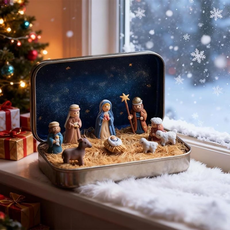 Mini Nativity Set in Decorative Tin Box - Portable Religious Figurines for Travel & Home