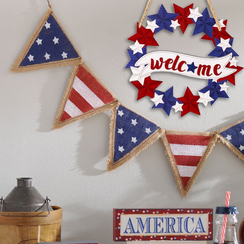 Patriotic Welcome Wreath with Wooden Stars for 4th of July Front Door Decor