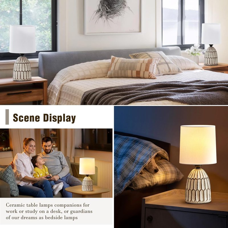 Set of 2 Small Ceramic Table Lamps - Farmhouse Rustic Bedside & Living Room Lighting