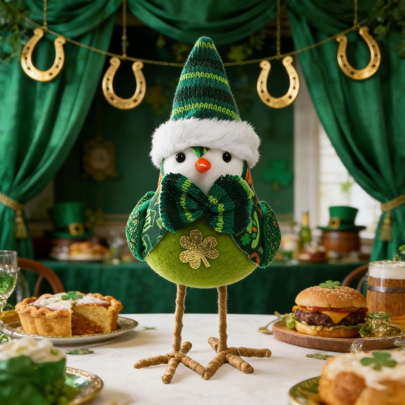 St Patrick's Day Bird Decorations Fabric Figurine with Leprechaun Hats and Shamrocks