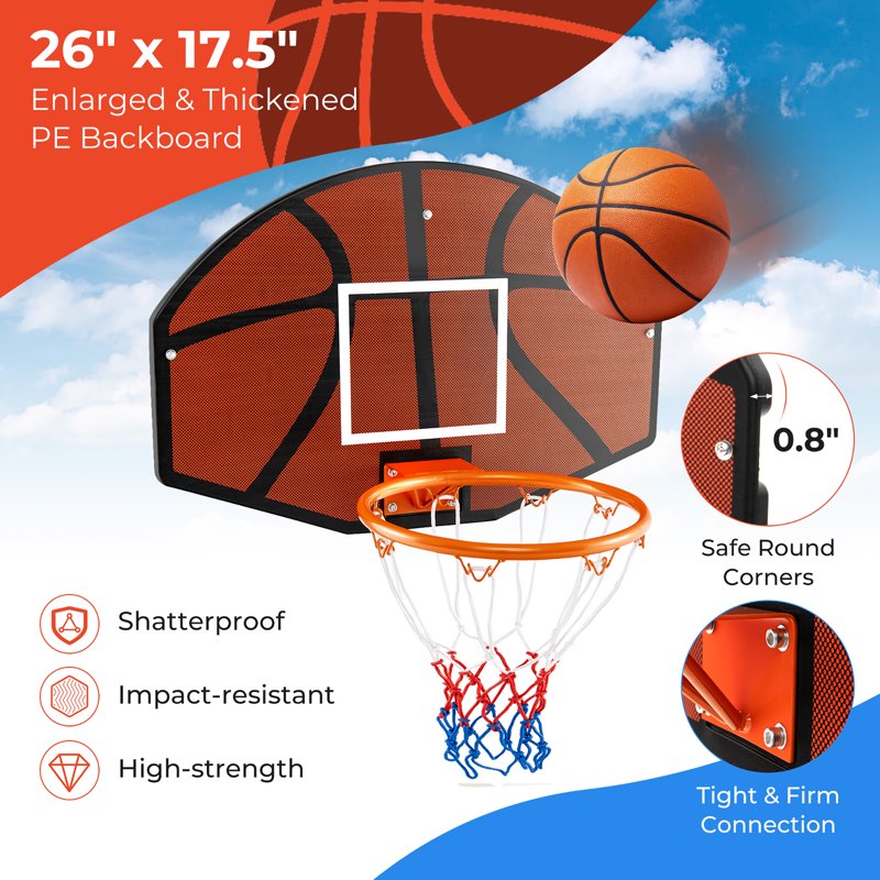 26-Inch Wall Mounted Basketball Hoop Set with Shatterproof Backboard Indoor Toy Gift