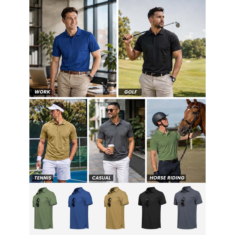SPEEDRUN 5-Pack Men’s Polo Shirts Short Sleeve Moisture-Wicking Casual Collared 3XL – Green Blue Khaki Black Gray