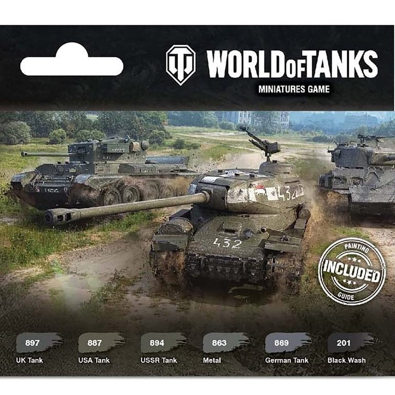 World of Tanks Miniatures Paint Set - 4 National Colors & Wash for Tank Detail